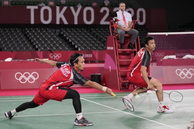 Mohammad Ahsan dan Hendra Setiawan di Olimpiade Tokyo 2020 (c) AP Photo