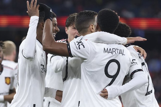 Skuat Manchester United merayakan gol Jadon Sancho ke Gawang Crystal Palace, Selasa (19/7/2022) (c) AP Photo