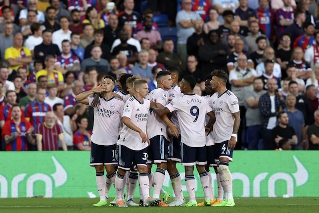 Para pemain Arsenal merayakan gol ke gawang Crystal Palace pada pekan ke-1 Premier League 2022/2023, Sabtu (6/8/2022). (c) AP Photo