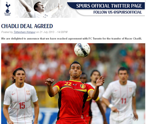 Pernyataan resmi pembelian Nacer Chadli di laman resmi klub.