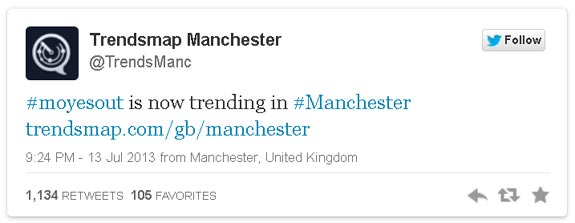 #MoyesOut jadi trending topic. (c) Twitter