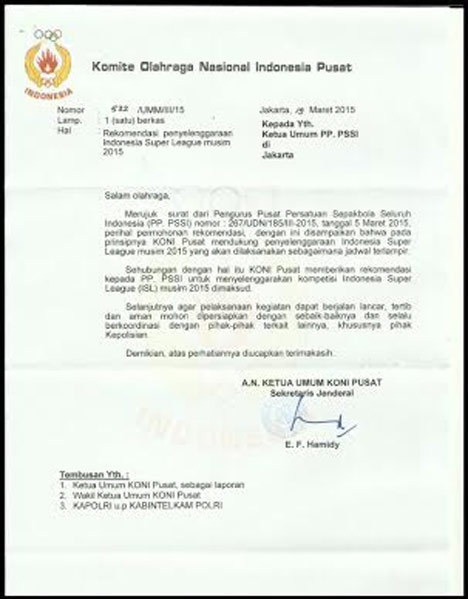 Salinan surat KONI terkait rekomendasi ISL