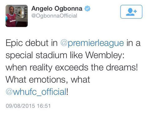 Kicauan Ogbonna di akun twitter pribadinya.