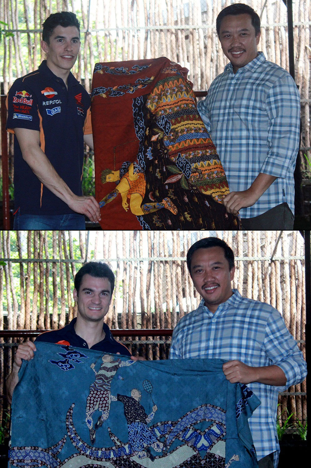 Marc Marquez dan Dani Pedrosa mendapatkan batik dari Menpora Imam Nahrawi. (c) Fitri Apriani
