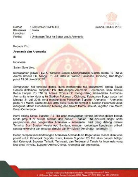 Undangan dari suporter PS TNI pada Aremania
