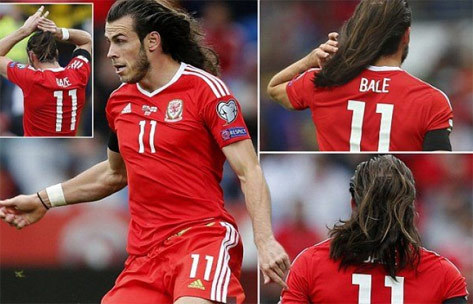 Rambut Gareth Bale tergerai saat lawan Georgia.