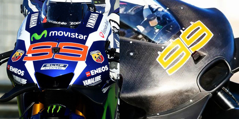 Perbedaan desain nomor balap Jorge Lorenzo di Yamaha dan Ducati. (c) AFP/MotoGP