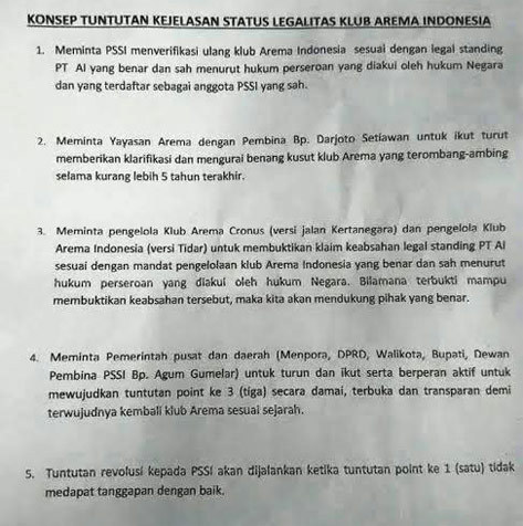 Tuntutan dari massa yang mengatasnamakan Arek Malang.