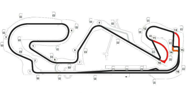 Layout Sirkuit Barcelona-Catalunya : merah = layout MotoGP 2015, oranye = layout Formula 1, hitam = layout MotoGP 2017.