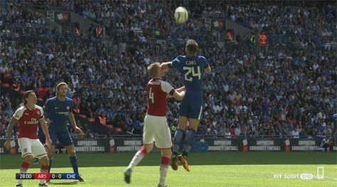 Duel udara Gary Cahill dan Per Mertesacker.