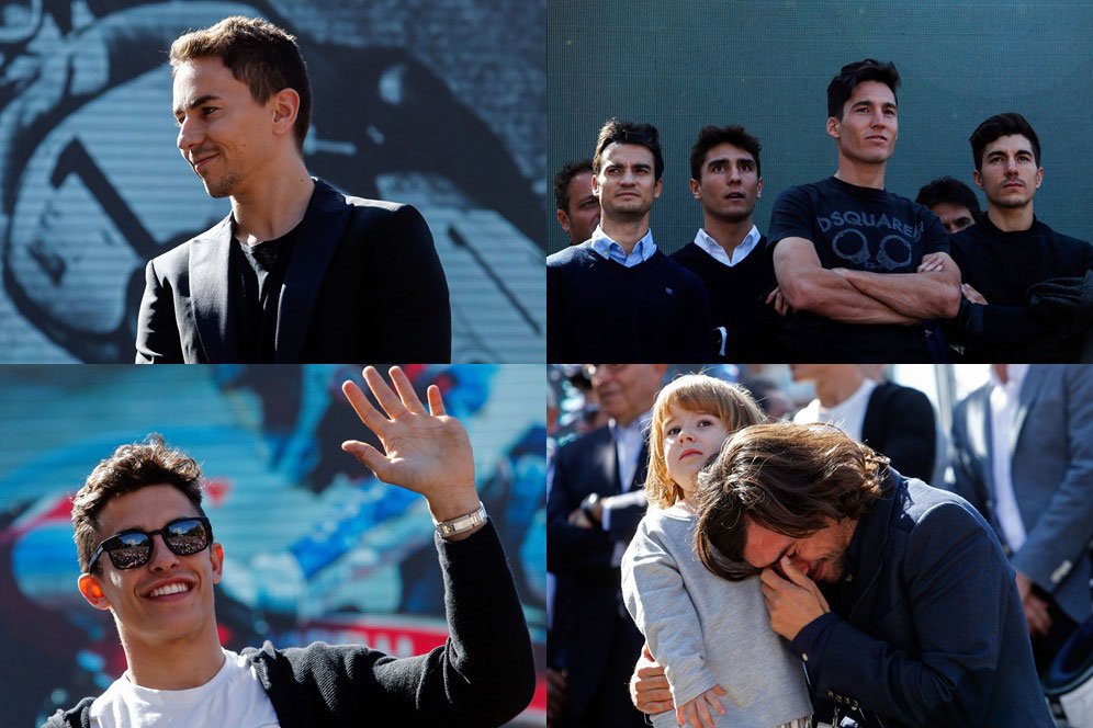 Jorge Lorenzo, Dani Pedrosa, Aleix Espargaro, Maverick Vinales, Marc Marquez dan Gelete Nieto. (c) AFP