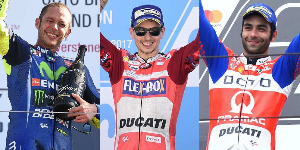 Valentino Rossi, Jorge Lorenzo dan Danilo Petrucci (c) AFP