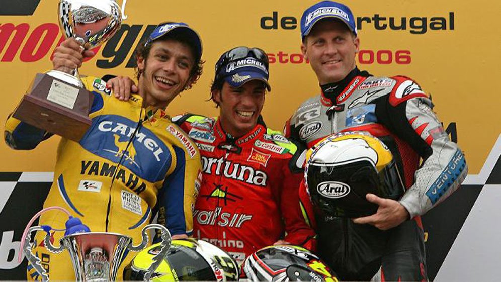 Valentino Rossi, Toni Elias dan Kenny Roberts Jr di MotoGP Portugal 2006.