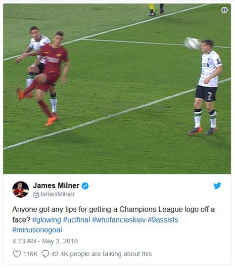 Unggahan James Milner di akun Twitter pribadinya.