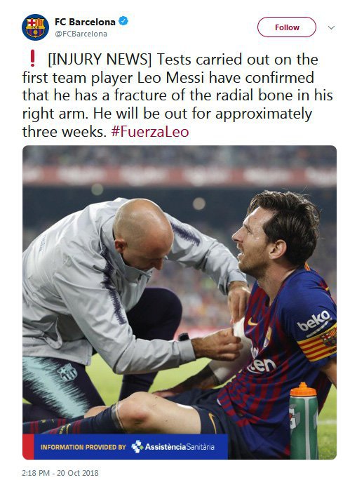 Pernyataan resmi terkait cedera Messi. (c) Foto: Pernyataan resmi Barcelona, diambil pada 21-10-2018 melalui twitter.com/FCBarcelona