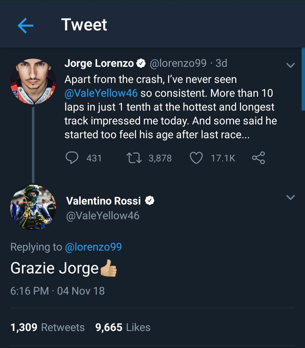 Percakapan antara Jorge Lorenzo dan Valentino Rossi usai MotoGP Malaysia 2018. (c) Twitter/lorenzo99/ValeYellow99