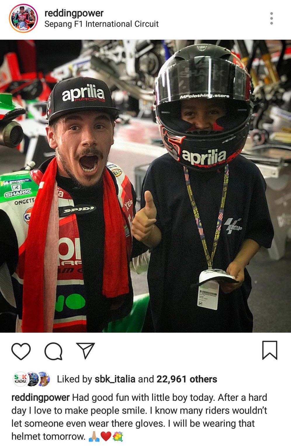 Scott Redding dan Valdy berjumpa di MotoGP Malaysia 2018. (c) Instagram/Reddingpower