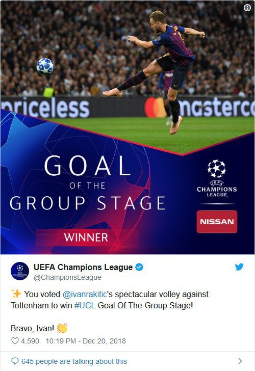 Gol tendangan voli Rakitic dipilih jadi yang terbaik. (c) twitter.com/championsleague