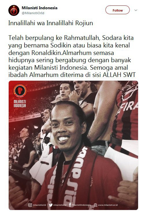 Tangkapan Layar pernyataan Milanisti Indonesia atas meninggalnya Ronaldikin (c) Twitter.com/milanistiorid
