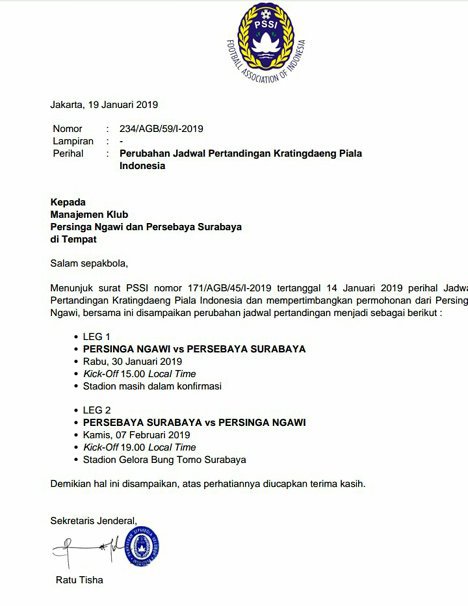 Surat pemberitahuan penundaan pertandingan Piala Indonesia antara Persinga Ngawi vs Persebaya Surabaya (c) Persebaya Surabaya for Bolanet
