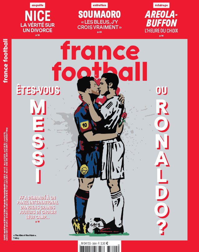 Cover kontroversial teranyar France Football menunjukkan lukisan Messi berciuman dengan Ronaldo (c) AP Photo