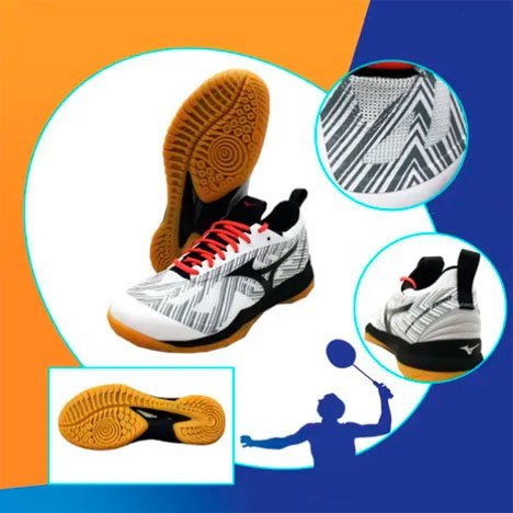 Sepatu bulutangkis Mizuno seri Wave Fang, mengutamakan kenyamanan di bagian tumit yang sering membentur permukaan lapangan. (c) Mizuno Badminton Asia