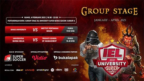 Putaran kedua IEL University Super Series 2021 fase Grup A, Kamis (4/2/2021) pukul 17.00 WIB dapat disaksikan melalui platform Vidio, laman Bola.com, dan Bola.net. (c) Dok. Vidio