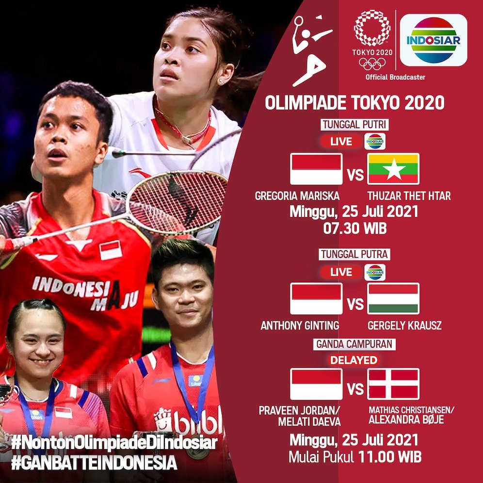 Saksikan Aksi Tim Bulu Tangkis Indonesia pada Laga Perdana Olimpiade 2020 Live di Indosiar