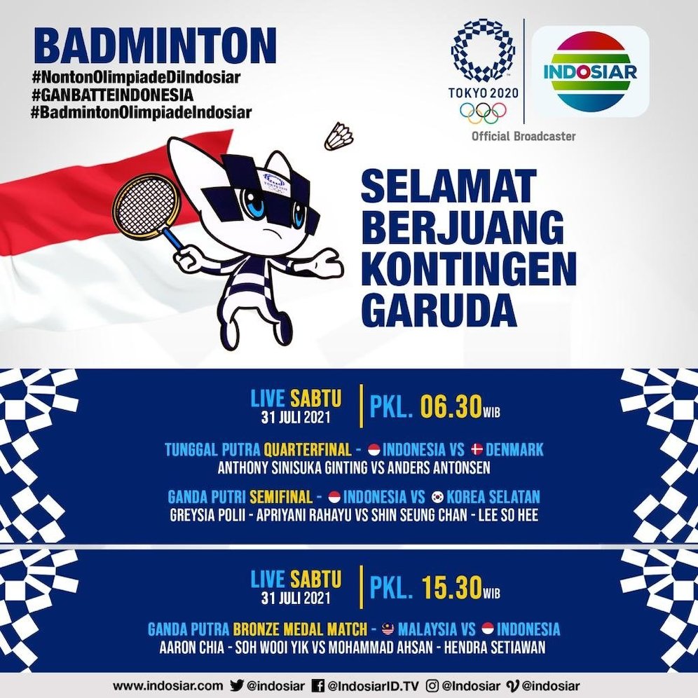 Jadwal badminton besok olimpiade tokyo 2021