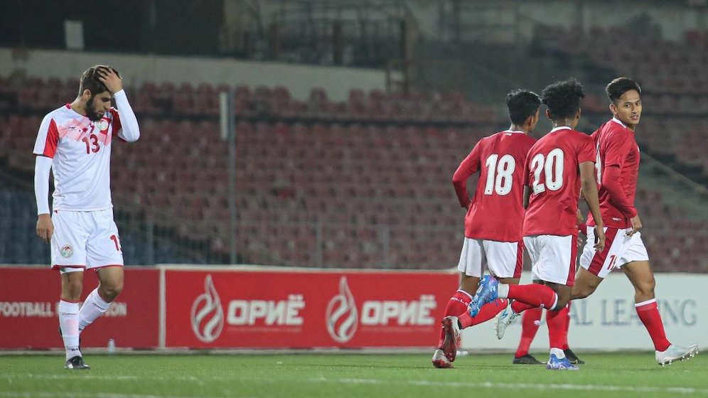 Selebrasi pemain Timnas Indonesia U-23 saat mencetak gol melawan Tajikistan di laga uji coba jelang melawan Australia. (c) dok. PSSI