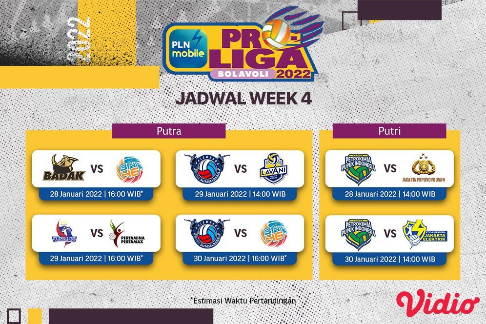 Jadwal pertandingan pekan keempat Putaran I PLN Proliga 2022. (c) Vidio