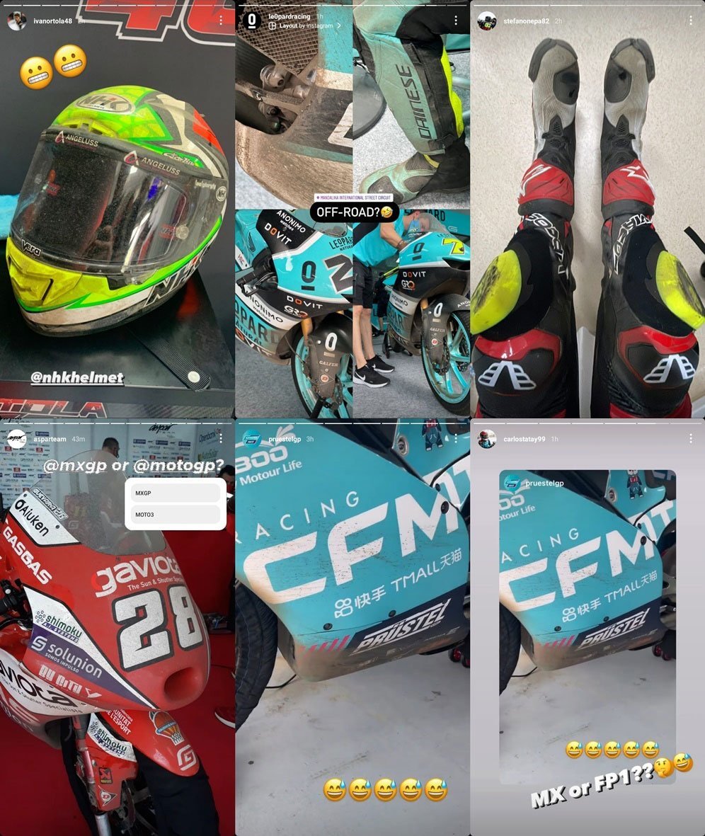 Unggahan Instagram Story para rider yang terkena lumpur trek Sirkuit Mandalika usai FP1 Moto3, Jumat (18/3/2022) pagi. (c) Instagram