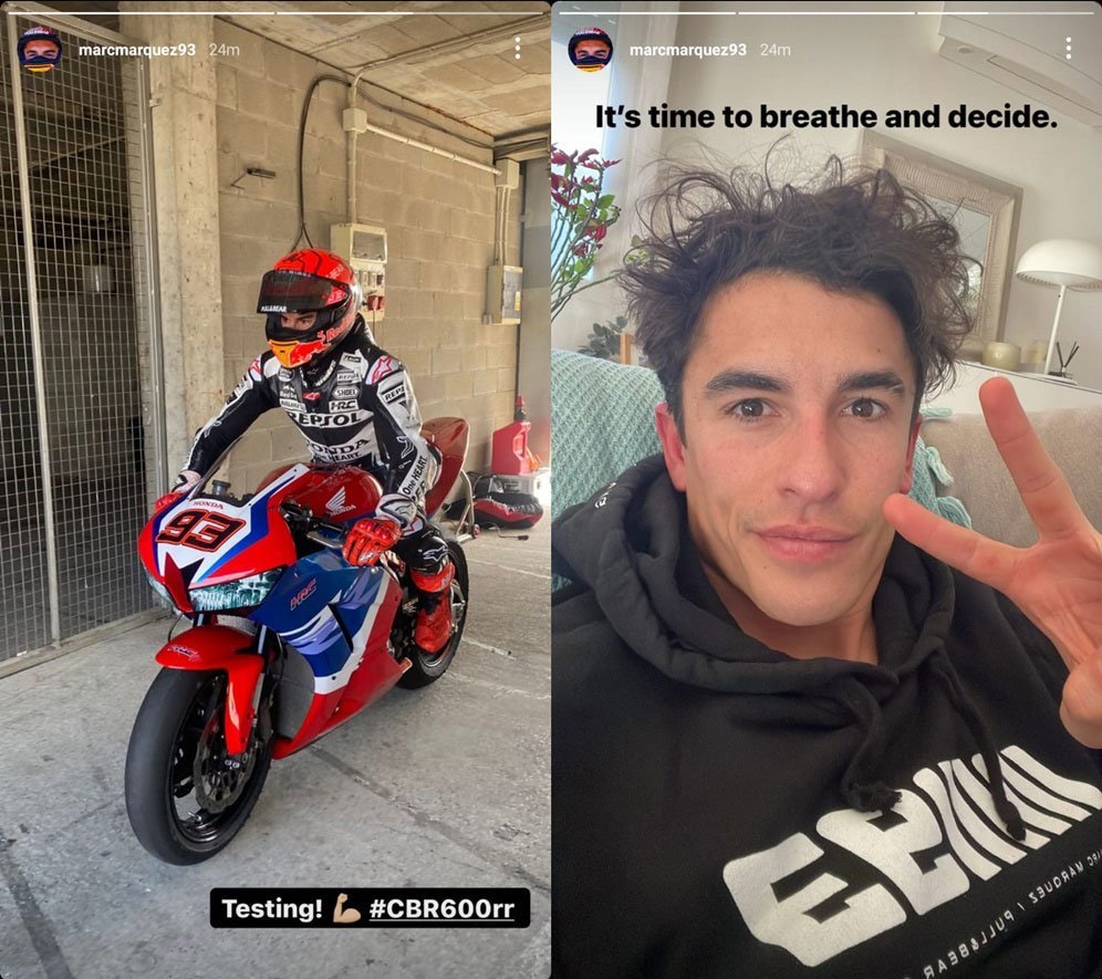 Marc Marquez saat dan setelah menjajal motor CBR600RR pada Selasa (5/4/2022). (c) Instagram/MarcMarquez93
