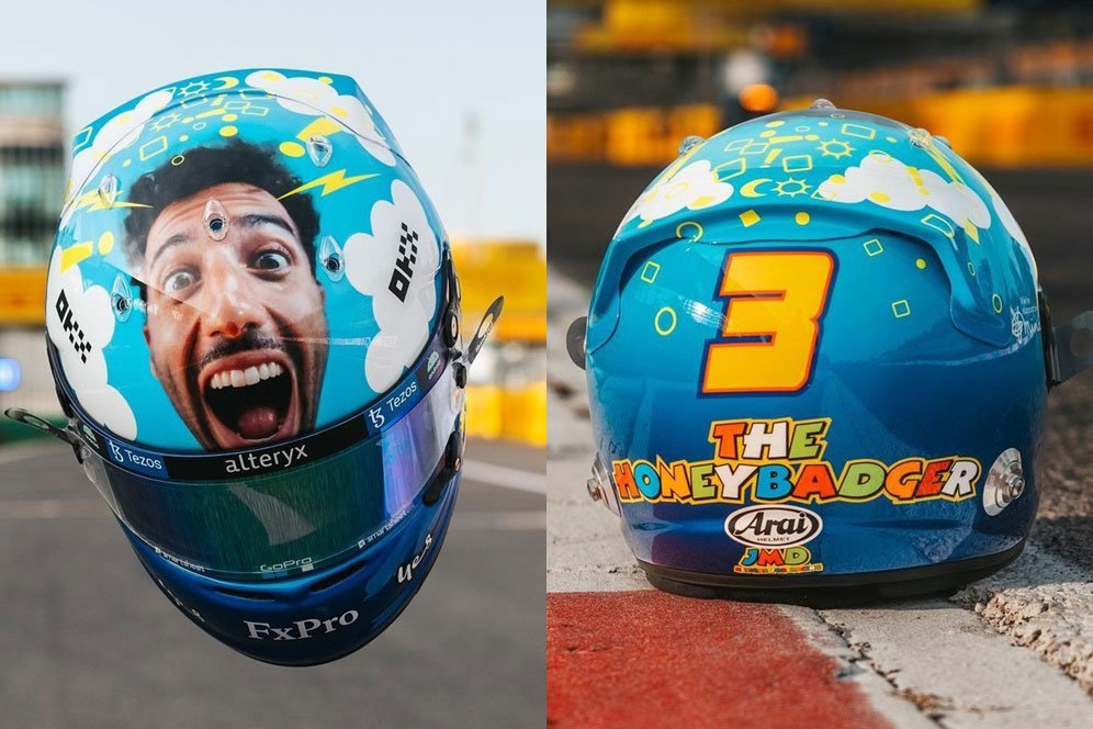 Helm tribut Daniel Ricciardo untuk Valentino Rossi dalam Formula 1 GP Italia 2022 di Monza. (c) Instagram/Daniel Ricciardo