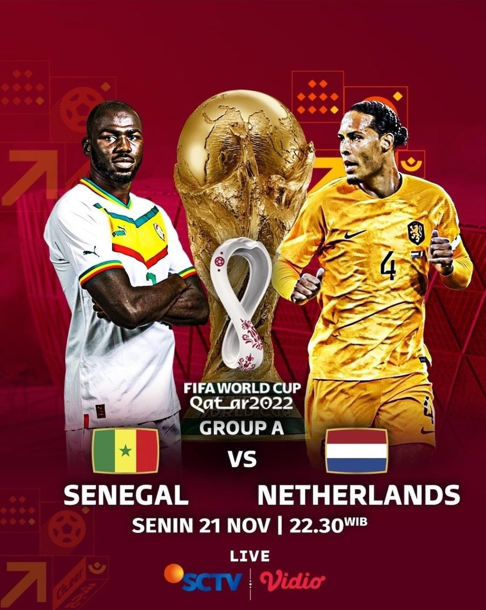 Pertandingan antara Senegal vs Belanda di Piala Dunia 2022. (c) SCM