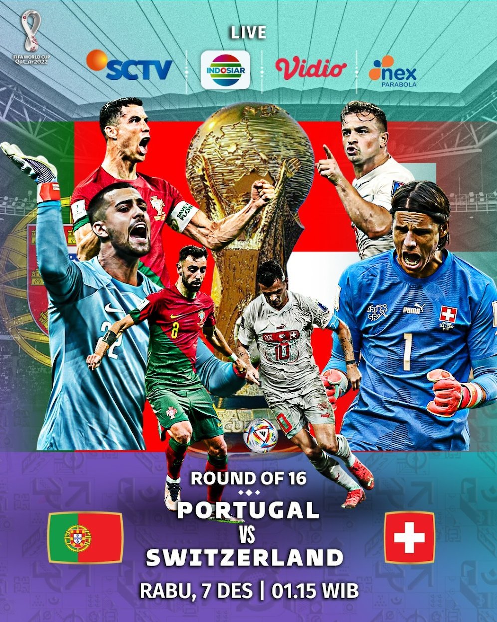 Pertandingan 16 Besar Piala Dunia 2022 Portugal vs Siwss ditayangkan SCTV, Indosiar, Vidio, Nex Parabola (c) SCM