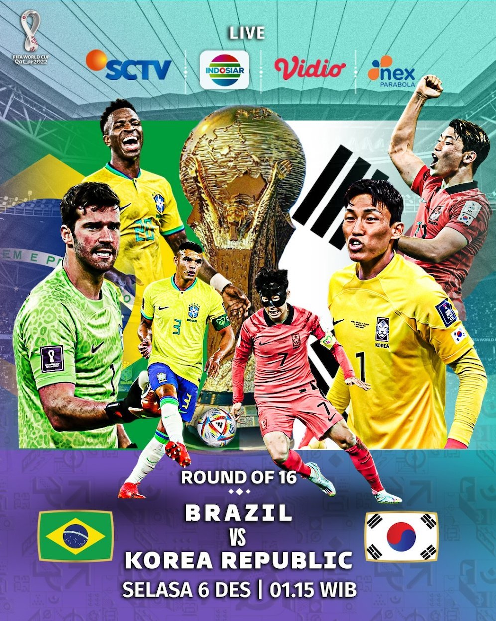 Pertandingan 16 Besar Piala Dunia 2022 Brasil vs Korea Selatan ditayangkan SCTV, Indosiar, Vidio, Nex Parabola (c) SCM