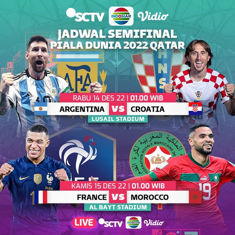 Jadwal semifinal Piala Dunia 2022 yang tayang di SCTV, Indosiar dan Vidio (c) SCM