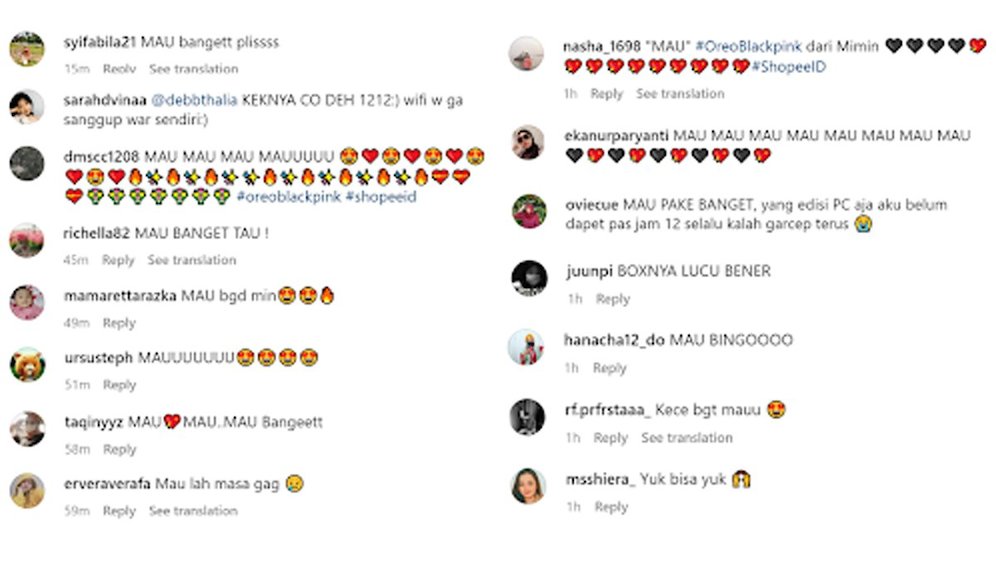 Komentar netizen terkait peluncuran spesial bundle dari Oreo Blackpink (c) Instagram @shopee_id.
