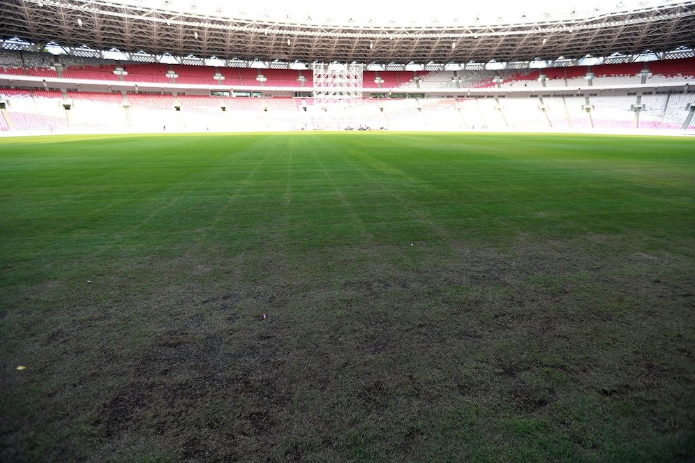 Kondisi rumput tampak botak dan mengering Stadion Utama Gelora Bung Karno (SUGBK), Senin (13/3/2023). Kualitas rumput SUGBK menurun setelah digunakan dua konser di stadion tersebut. (c) Bola.net/M Iqbal Ichsan