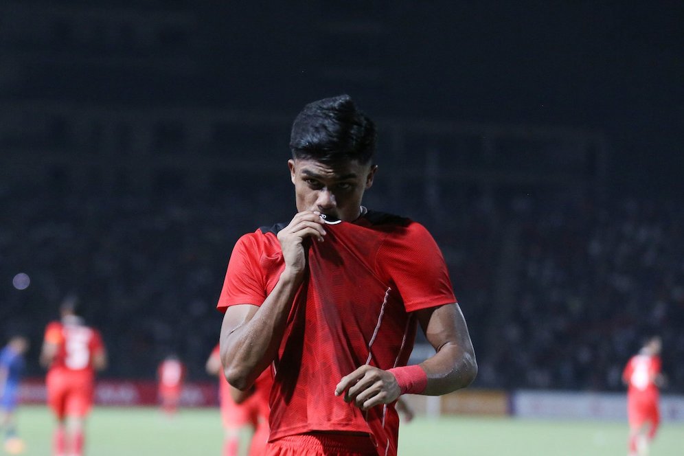 Selebrasi Ramadhan Sananta di final SEA Games 2023, Selasa (16/05/2023). (c) Bola.net/Abdul Aziz
