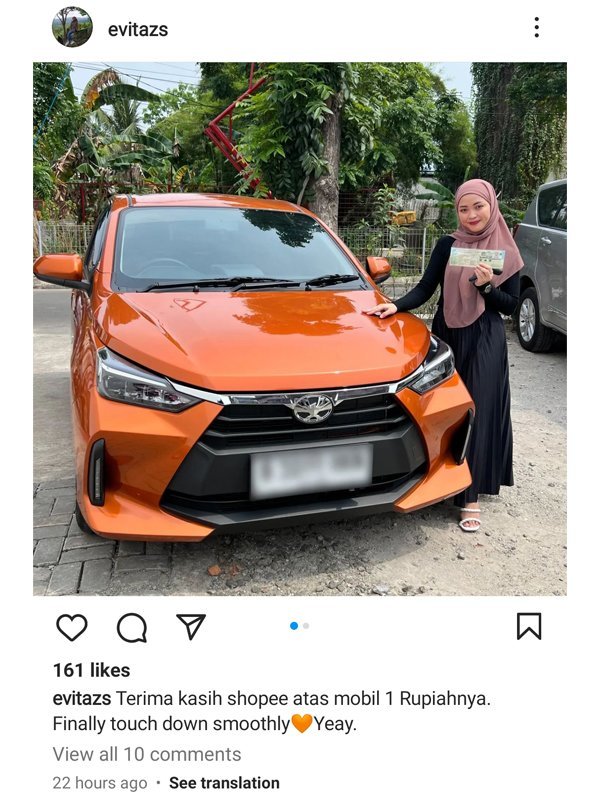 Pemenang Mobil Agya Seharga Rp1 dari Flash Sale Rp1 Shopee (c) Instagram @evitazs