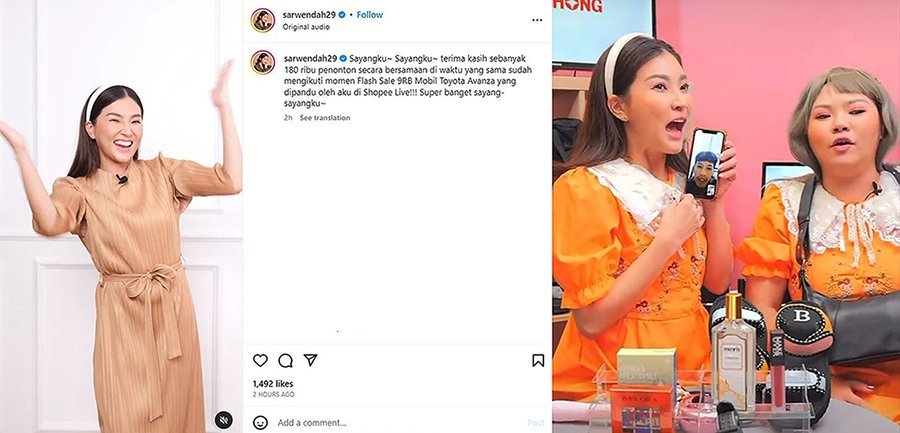 Postingan Sarwendah di Instagramnya dan tangkapan gambar Sarwendah saat live streaming di Shopee Live. (c) Instagram sarwendah29