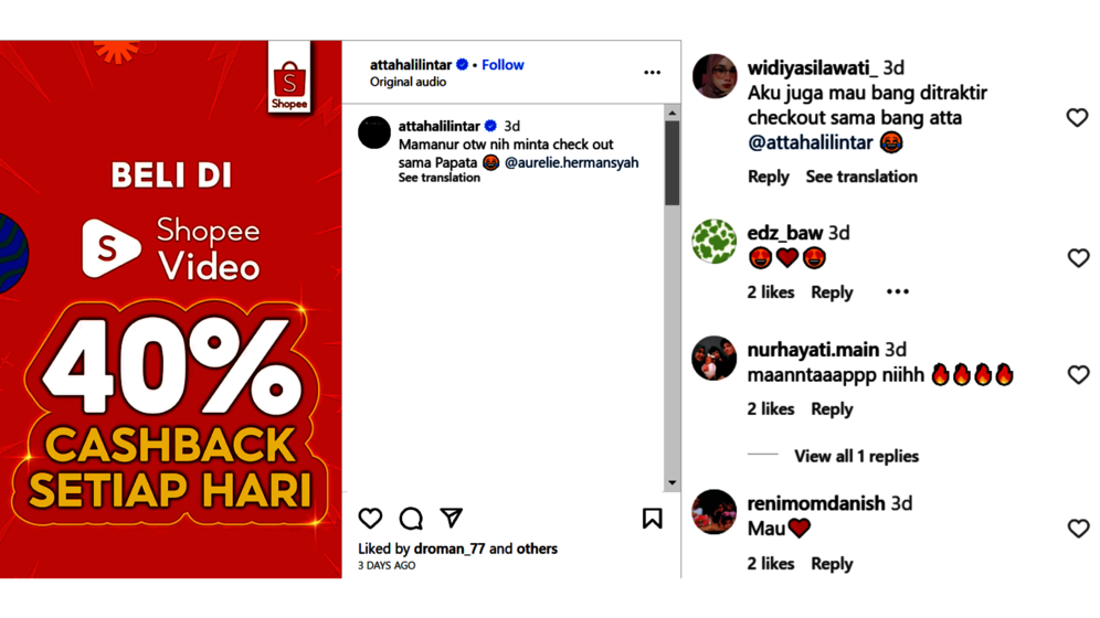 Komentar Atta Halilintar di Instagram Shopee. (c) Istimewa