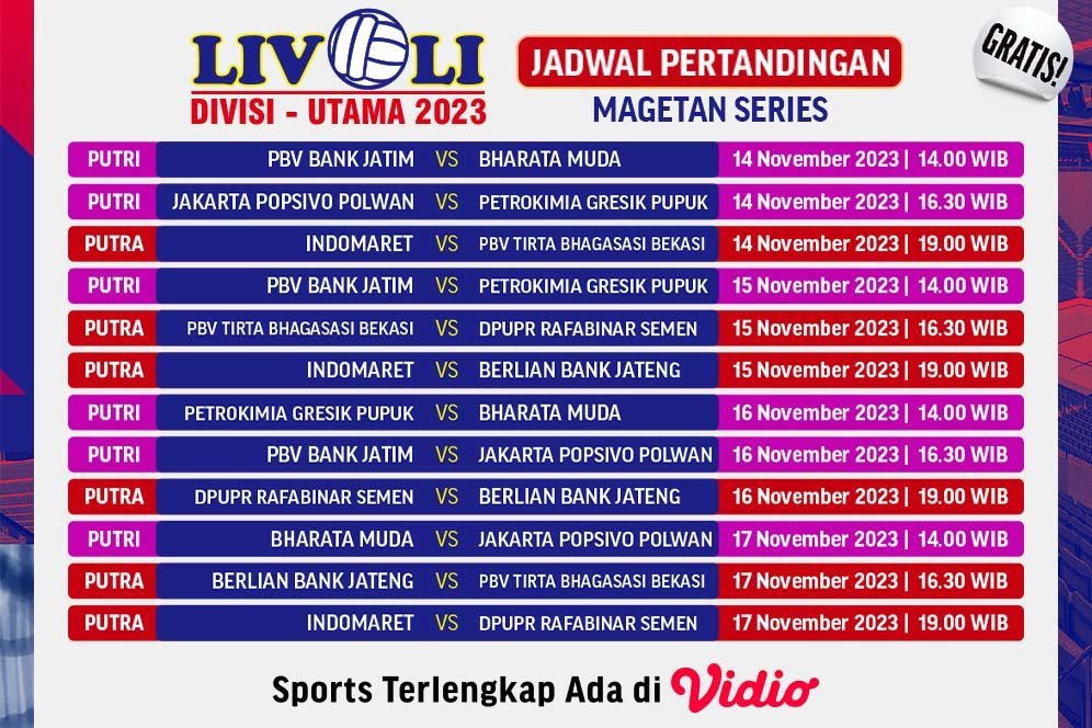 Jadwal siaran langsung Livoli Divisi Utama 2023 Seri Magetan di Vidio, 14-17 November 2023 (c) Vidio