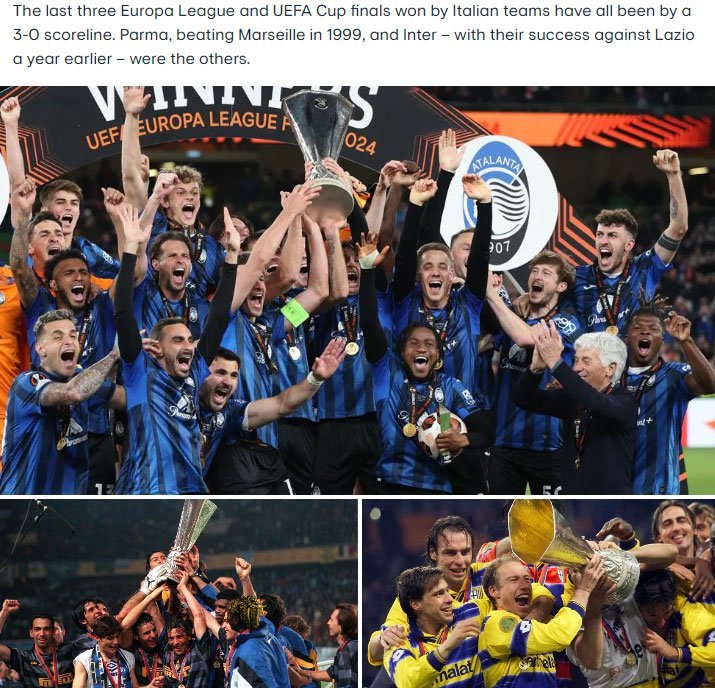 3 juara UEFA Cup/Liga Europa terakhir dari Italia: Atalanta, Parma, Inter Milan (c) UEFA