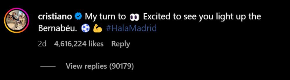 Komentar Cristiano Ronaldo di akun Instagram Kylian Mbappe. (c) Instagram