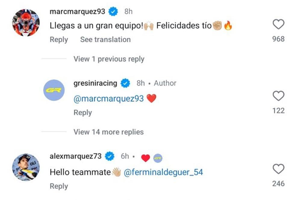 Sambutan Marc Marquez dan Alex Marquez kepada Fermin Aldeguer di Gresini Racing. (c) Instagram/GresiniRacing