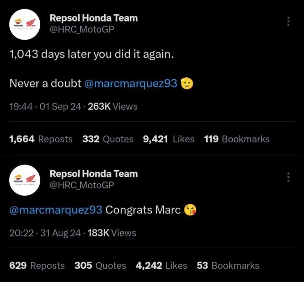 Ucapan selamat dari Repsol Honda untuk Marc Marquez usai kemenangan Sprint dan Grand di MotoGP Aragon 2024. (c) X/HRC_MotoGP