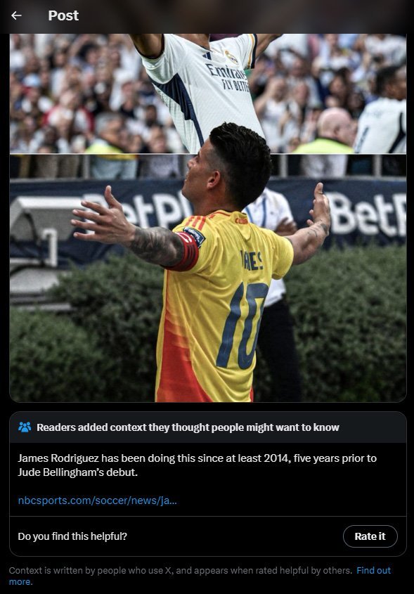 Tangkapan layar Community Notes di bawah postingan ESPN FC terkait selebrasi Jude Bellingham-James Rodriguez (c) Twitter/X